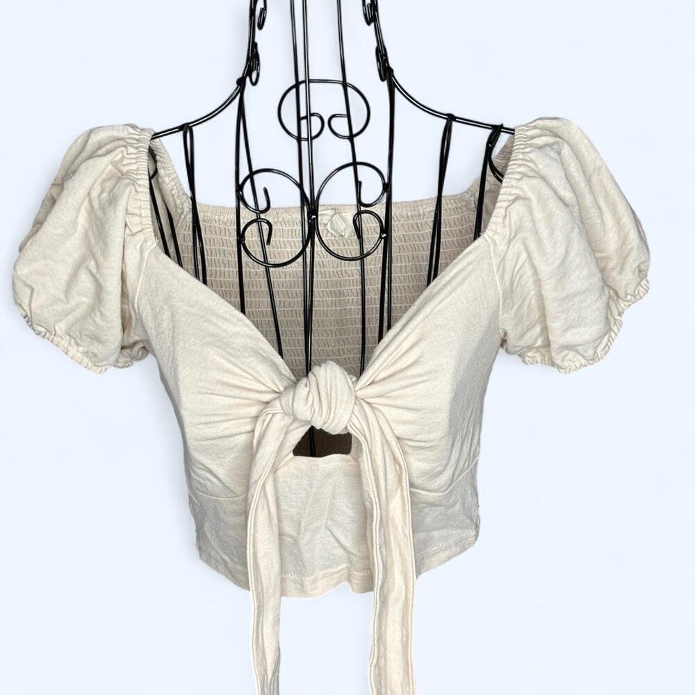 Listicle Cream Tie-Front Puff Sleeve Crop Top - Size S